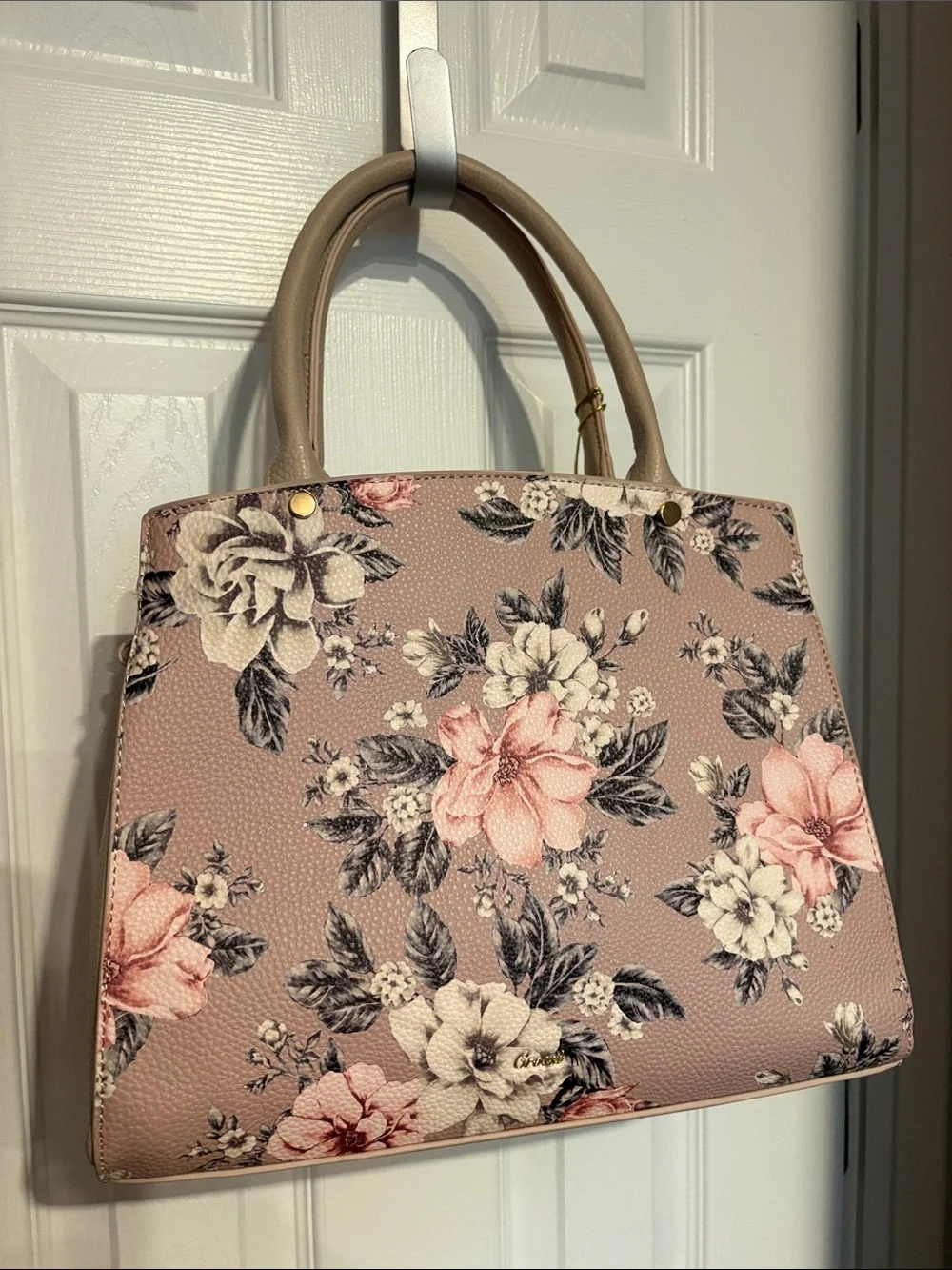 BNWT GROSSI Women’s Floral Bow Satchel Handbag - Taupe Pink